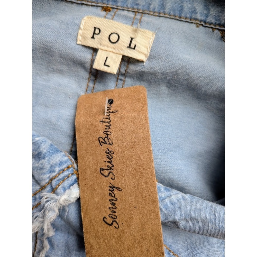 New Pol Denim Shacket Womens Top L Distressed Patchwork Indie Boho Anthropologie - Picture 9 of 11